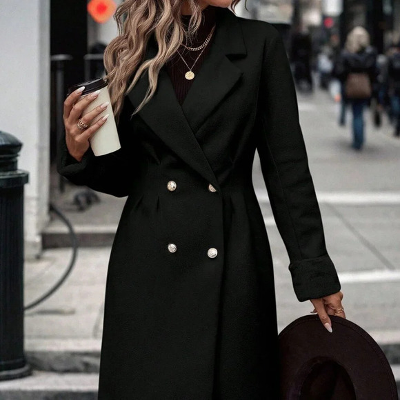 Black Casual Women's Lapel Neck Double Breasted Overcoat - Picture 4 of 6